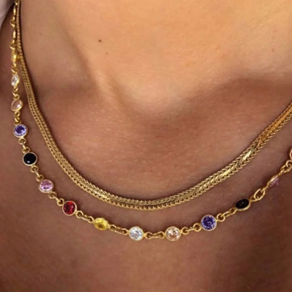 Beautiful multicolor faceted rhinestone 2 layer stainless steel gold necklace - Picture 3 of 8